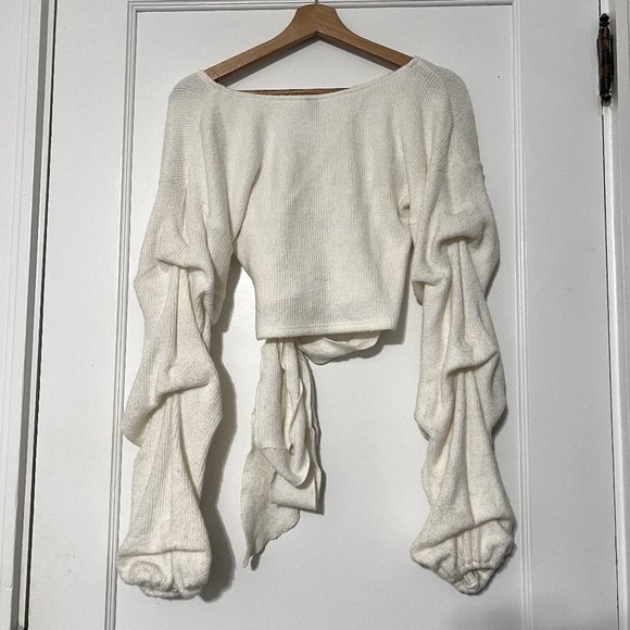 WINDSOR Off White Waist Wrap Crop Sweater Top with Gathered Sleeves - Picture 4 of 5